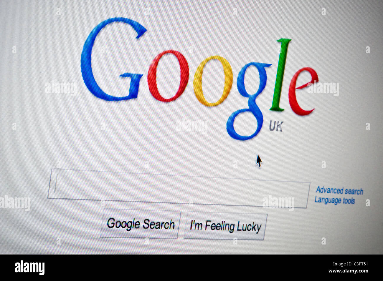 Close up of the Google logo as seen on its website. (Editorial use only: print, TV, e-book and editorial website). Stock Photo