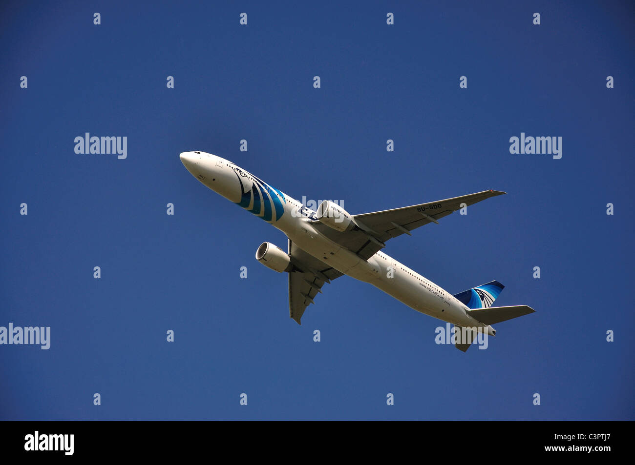 Egyptair Boeing 777 aircraft taking off from Heathrow Airport, Greater London, England, United Kingdom Stock Photo