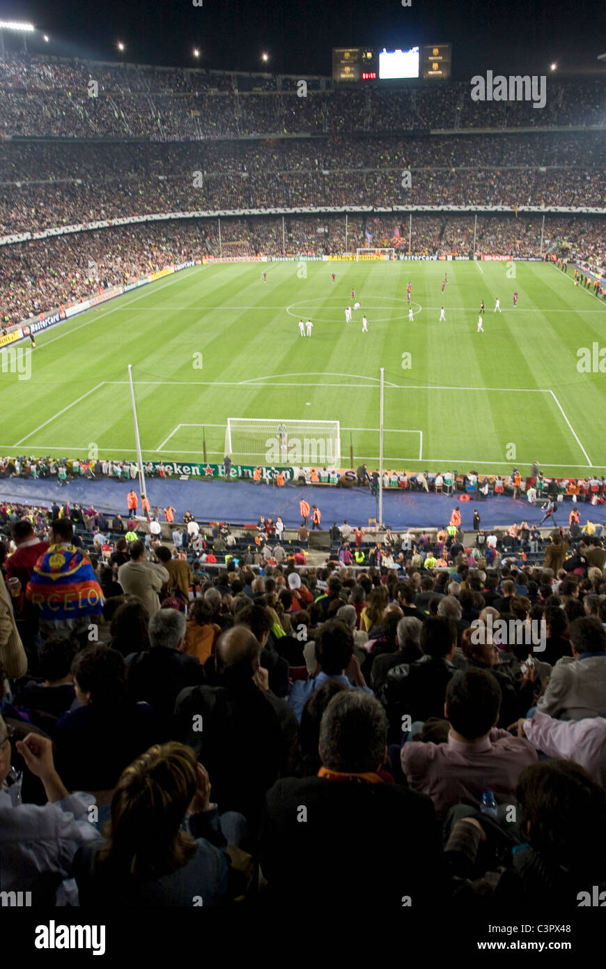 Camp Nou football stadium, home ground to Barcelona Football Club, during a Champions League game. (Spain) Stock Photo