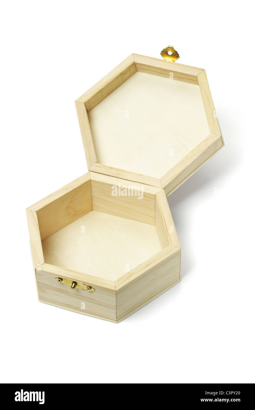 Open empty wooden hexagonal shape storage box on white background Stock Photo