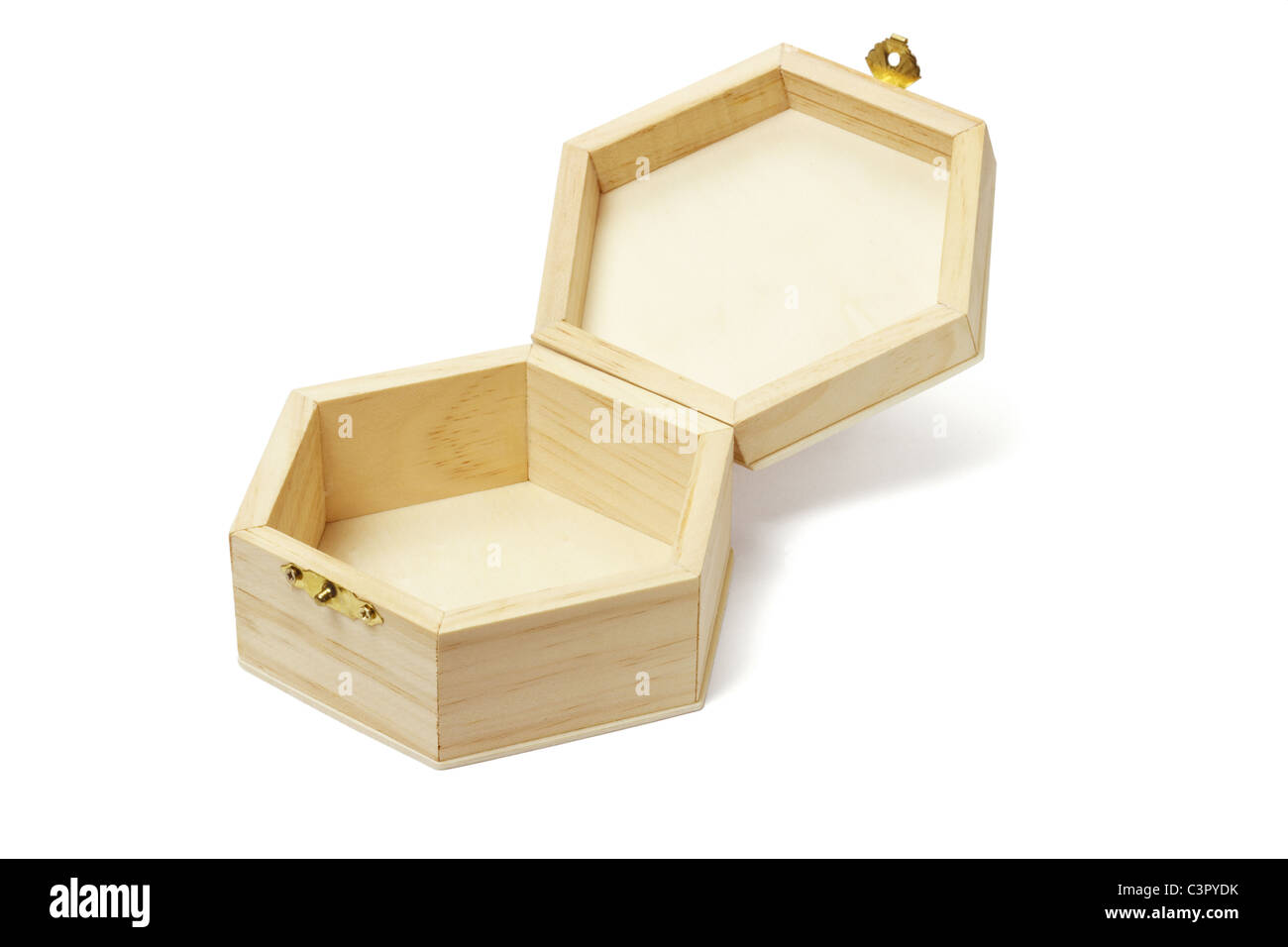 Open empty wooden hexagonal shape storage box on white background Stock Photo