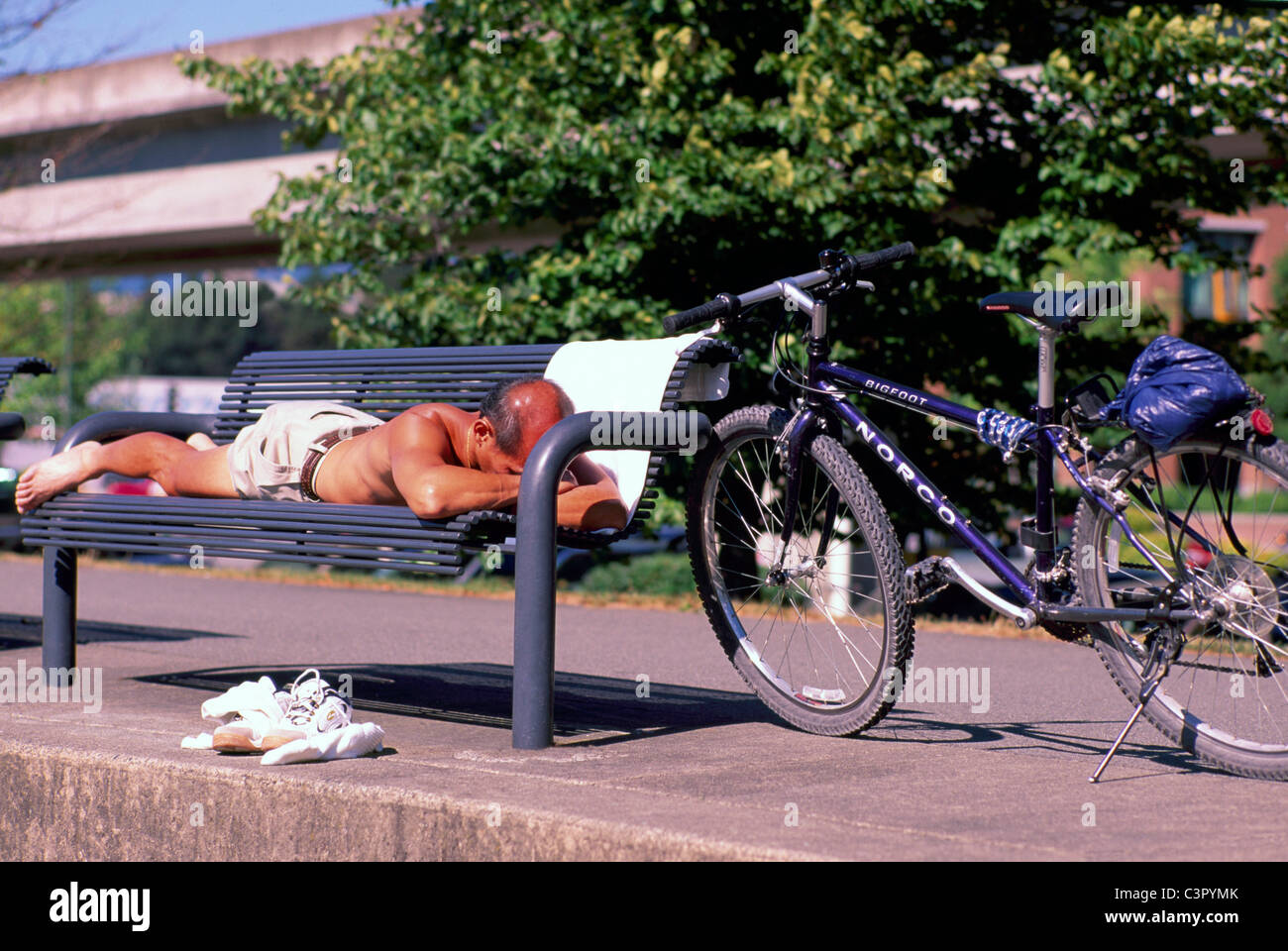 Man lying on Bench, Cyclist Asleep on Stomach and Taking it Easy beside Bicycle Stock Photo