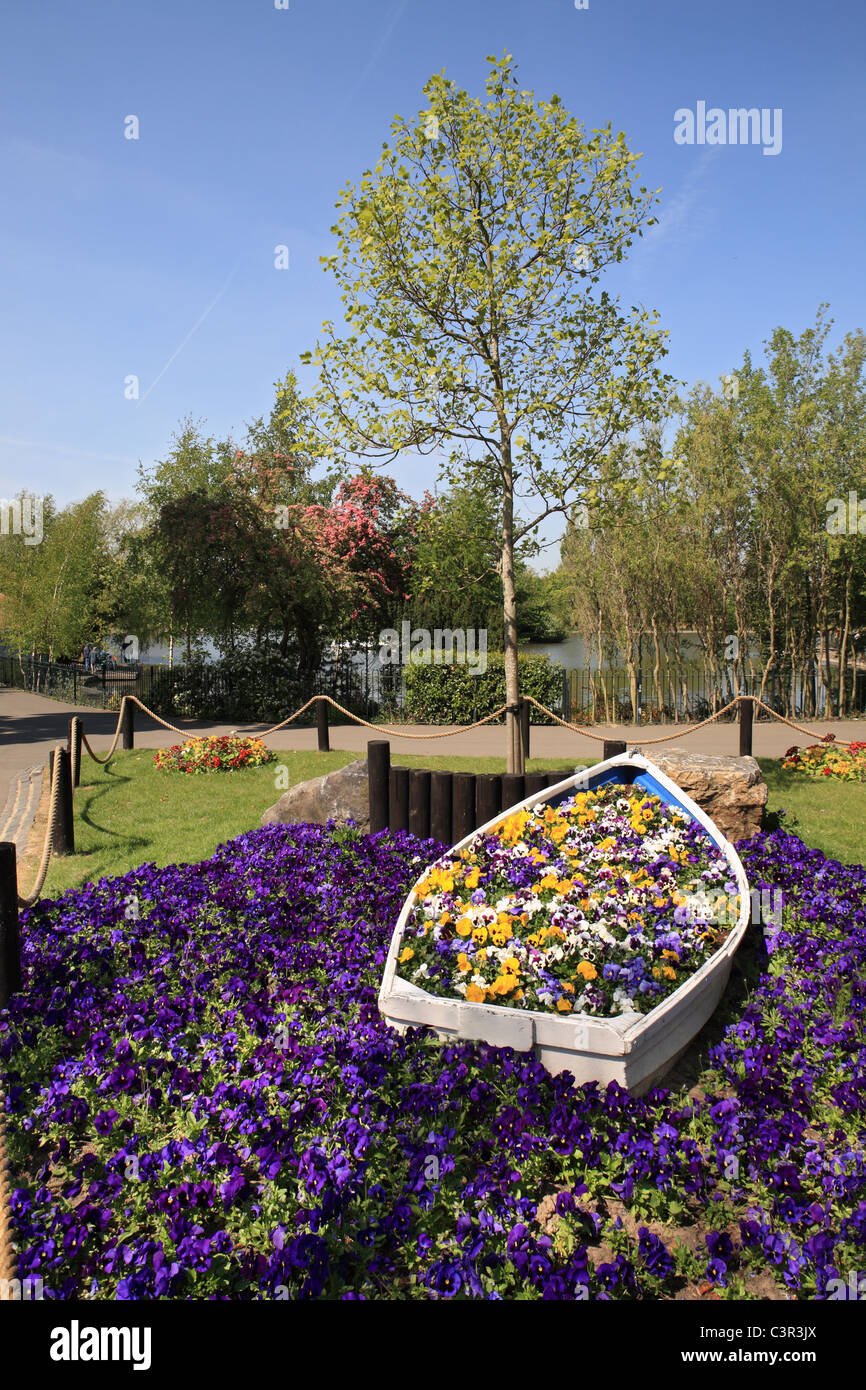 Spring floral display within a boat, Saltwell Park, Gateshead, NE England, UK Stock Photo