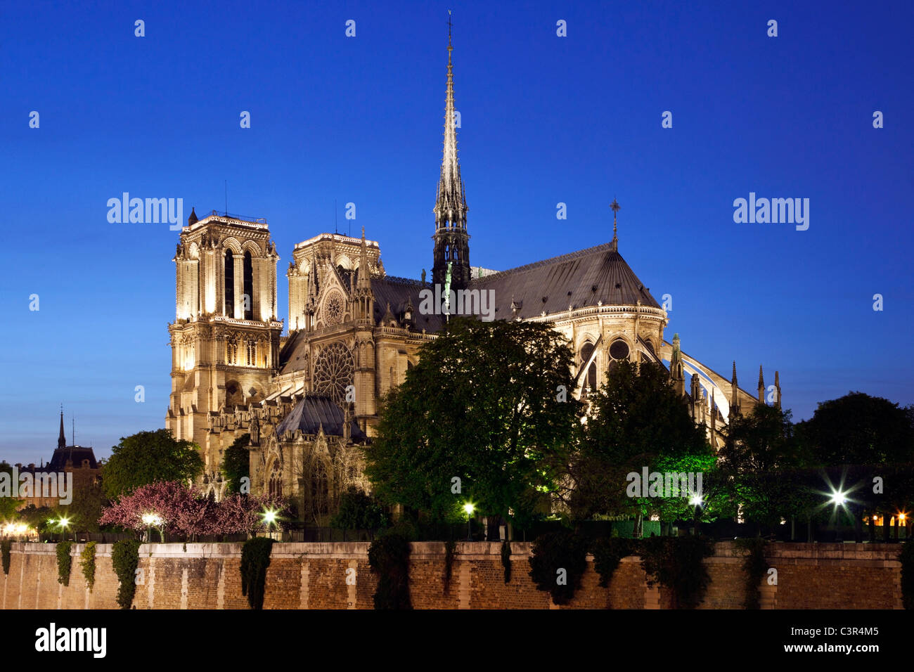 Notre Dame de Paris at night. View on cathedral across the Seine river. Paris, France. Stock Photo
