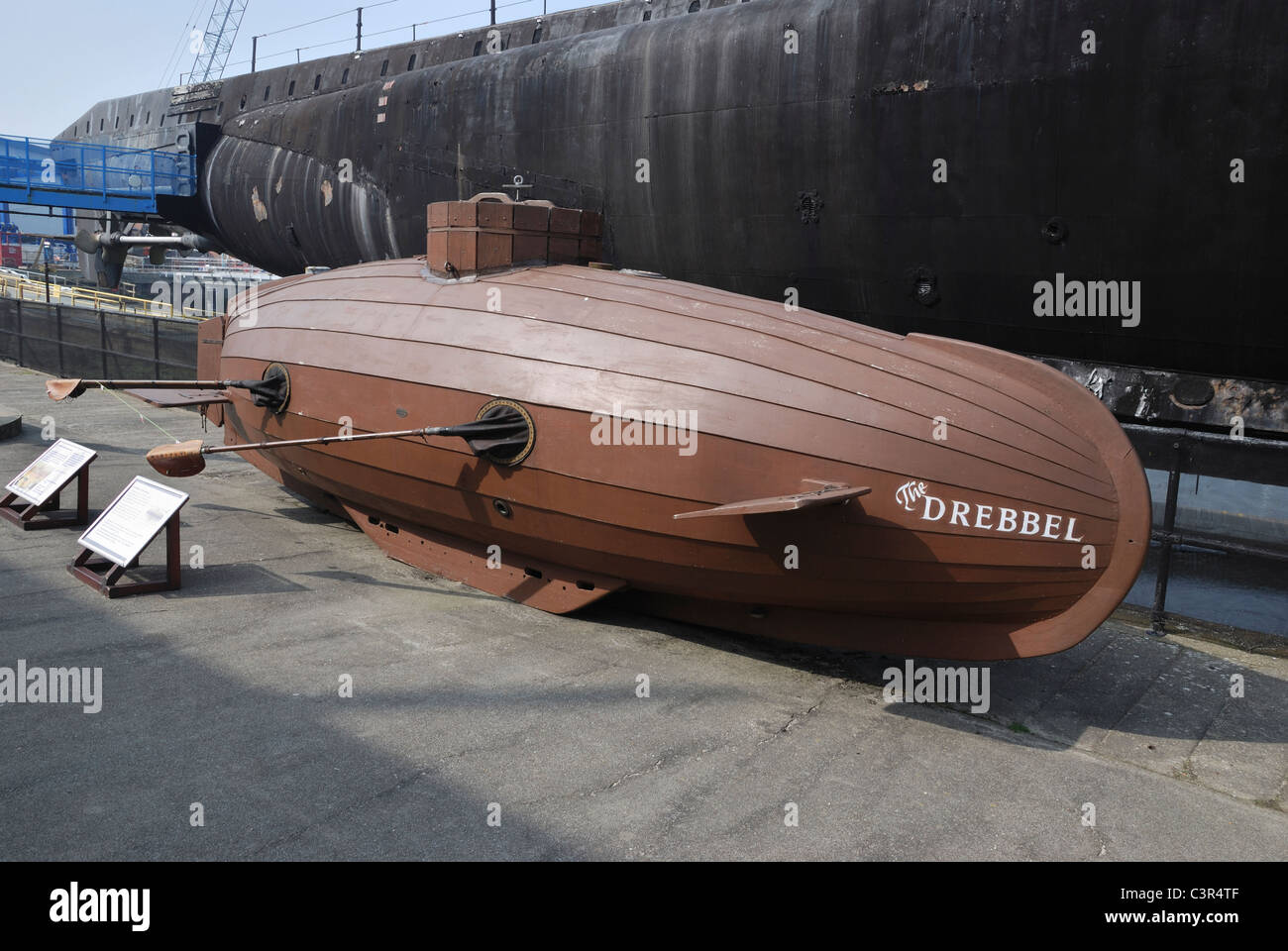A replica of the Van Drebbel submarine at the Royal Navy Submarine Museum, Gosport, Hants, England. Stock Photo