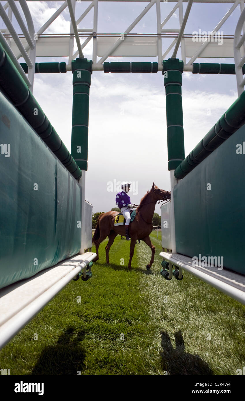 A jockey rides his horse ready to compete in one of the morning races at Zarzuela Hippodrome. Madrid. Spain Stock Photo
