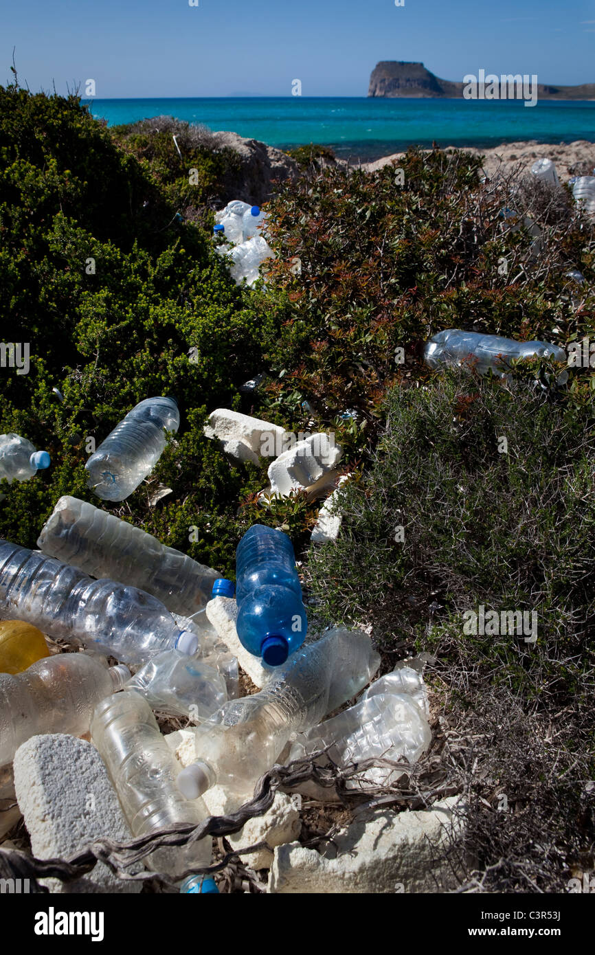 Plastic bottles, washed up on Balos Beach, on Gramvousa peninsula, in north western Crete, Greece. Stock Photo