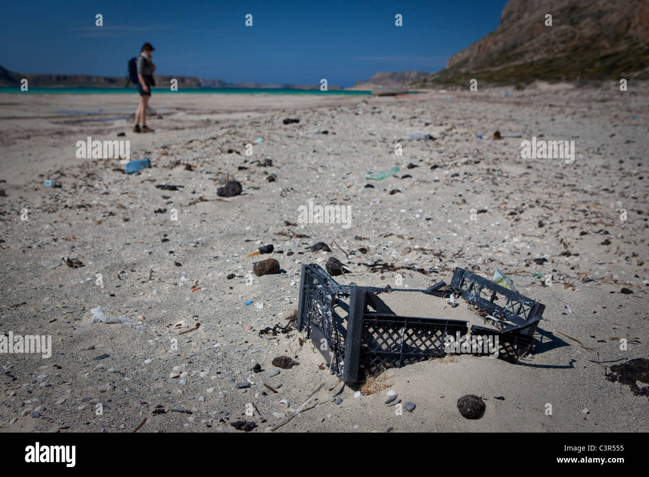 Plastic rubbish and oil tarball, Balos Beach, Crete, Greece. Stock Photo