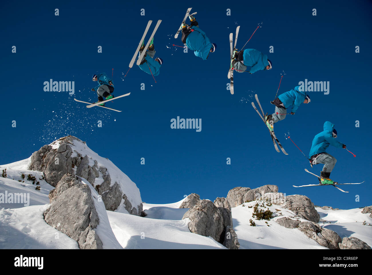 Skier doing dangerous free ride jump Stock Photo