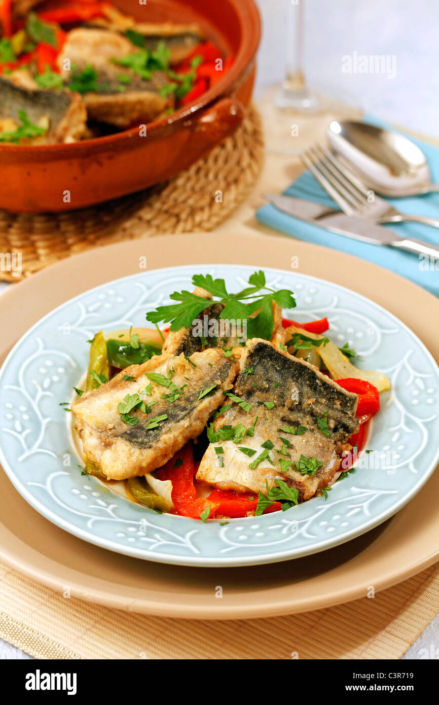 Mackerels with peppers. Recipe available Stock Photo Alamy