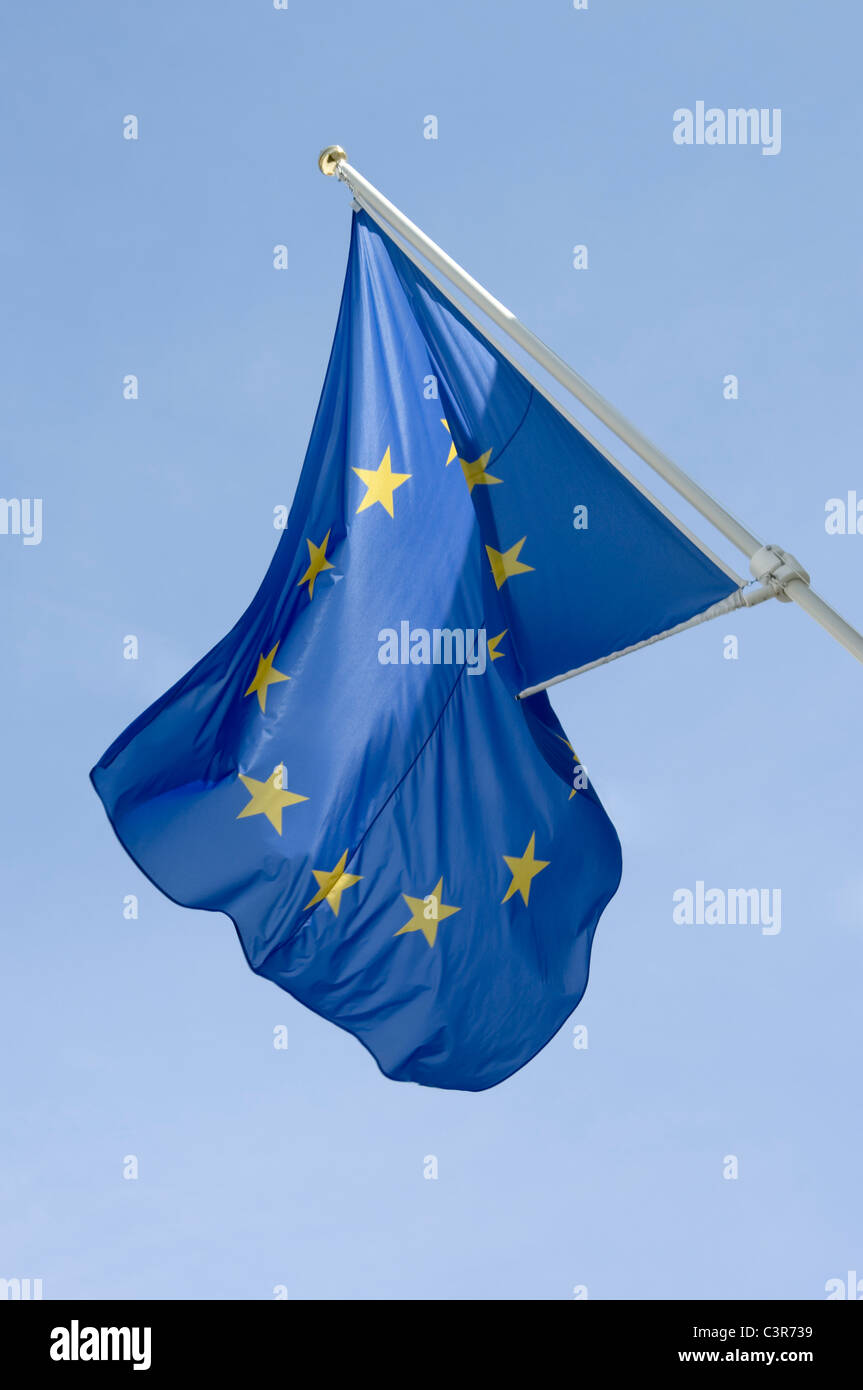 Belgium, West Flanders, Bruges, View of European flag flying Stock Photo