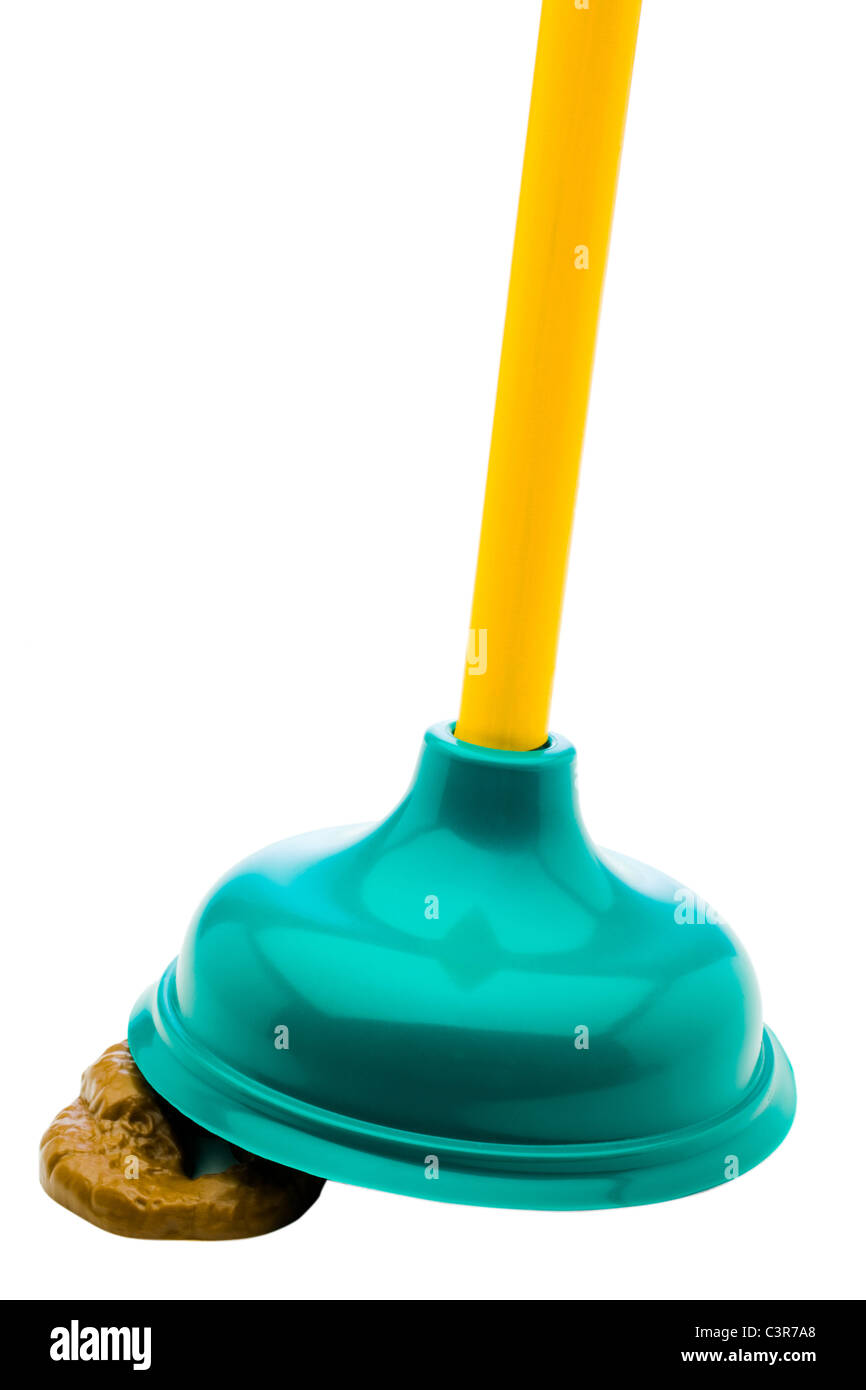 Plunger on feces isolated over white Stock Photo