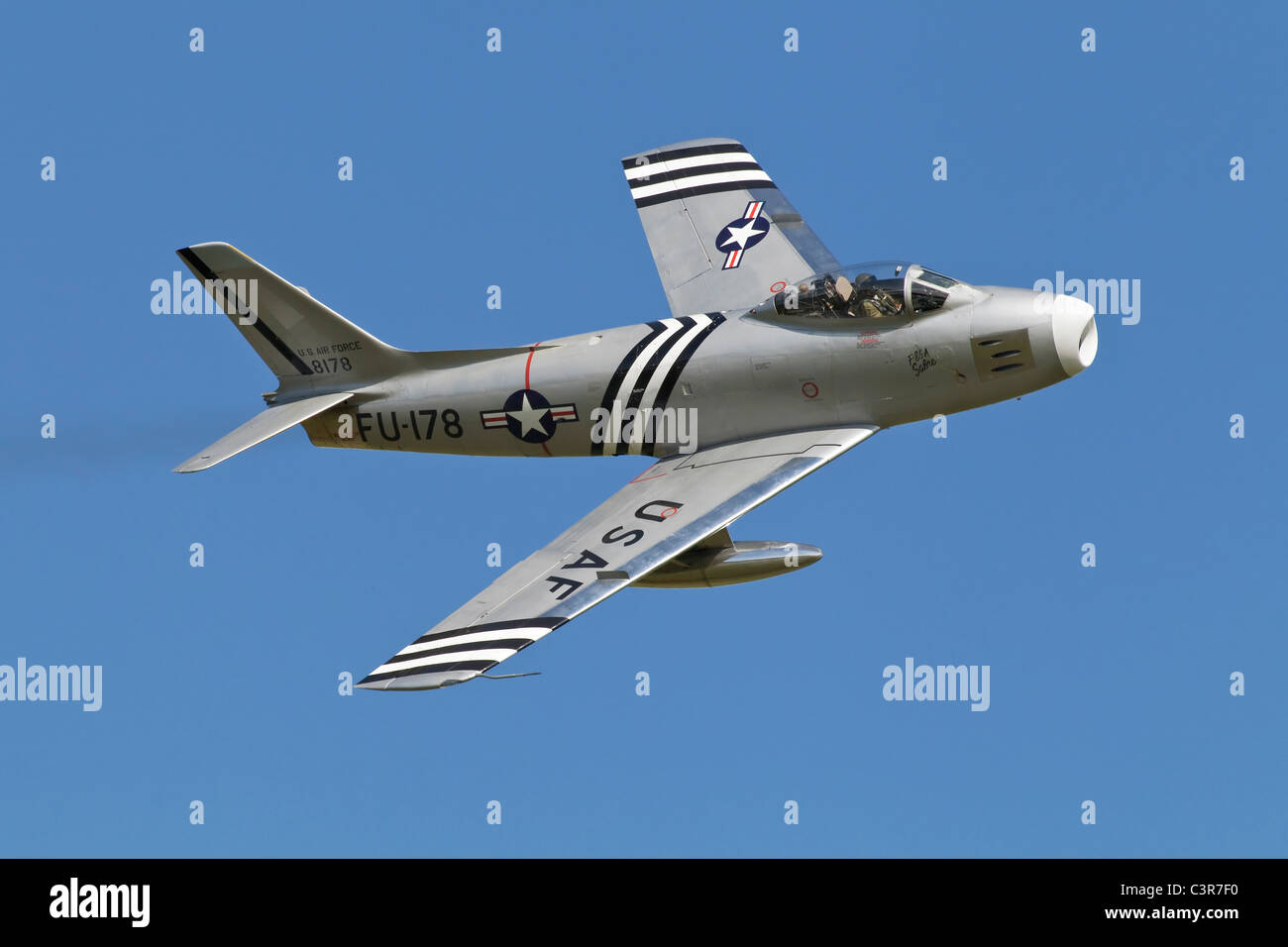 A classic veteran jet fighter of the USAF - The North American F86 Sabre fighter in flight Stock Photo
