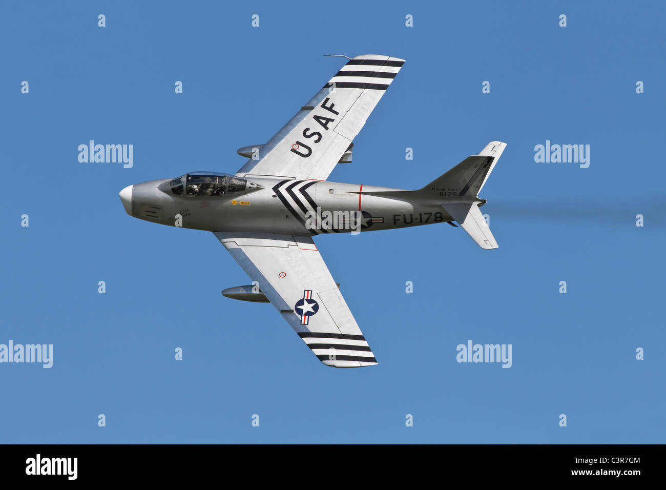 A classic veteran jet fighter of the USAF - The North American F86 Sabre fighter in flight Stock Photo