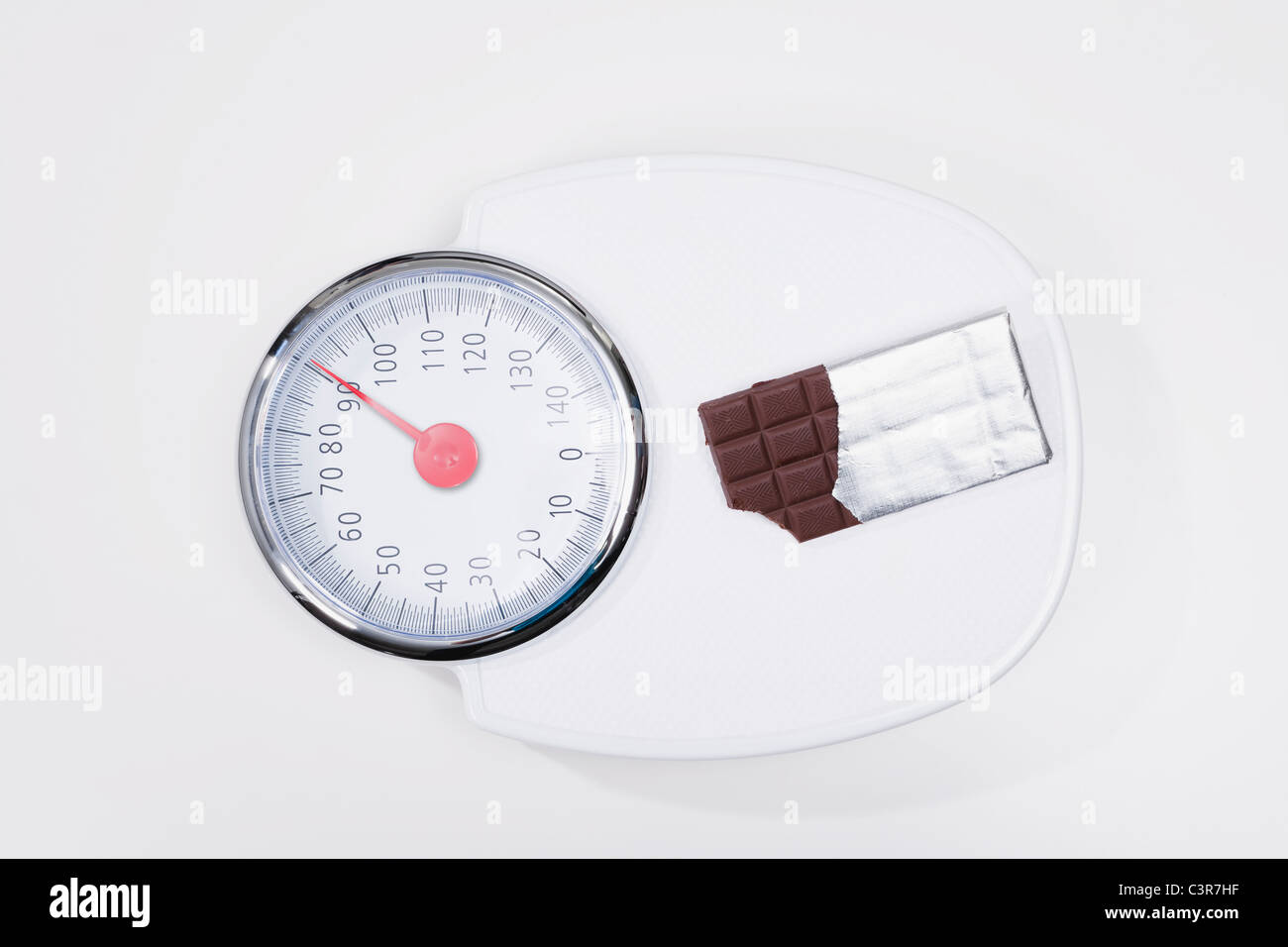 Scale with chocolate bar Stock Photo - Alamy