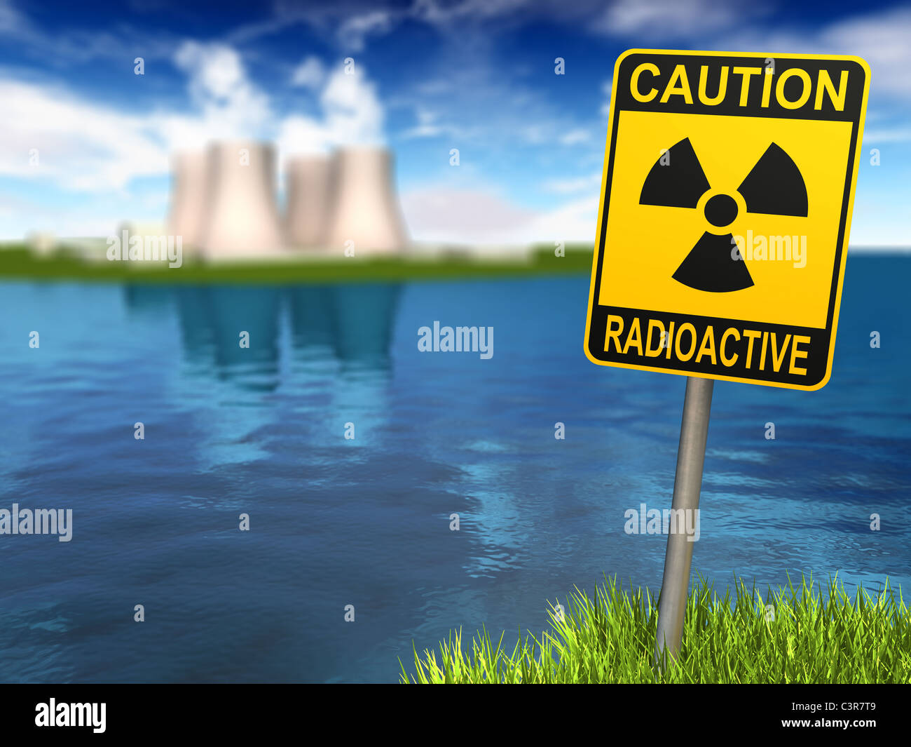 Warning sign with radioactive symbol and nuclear power plant on the