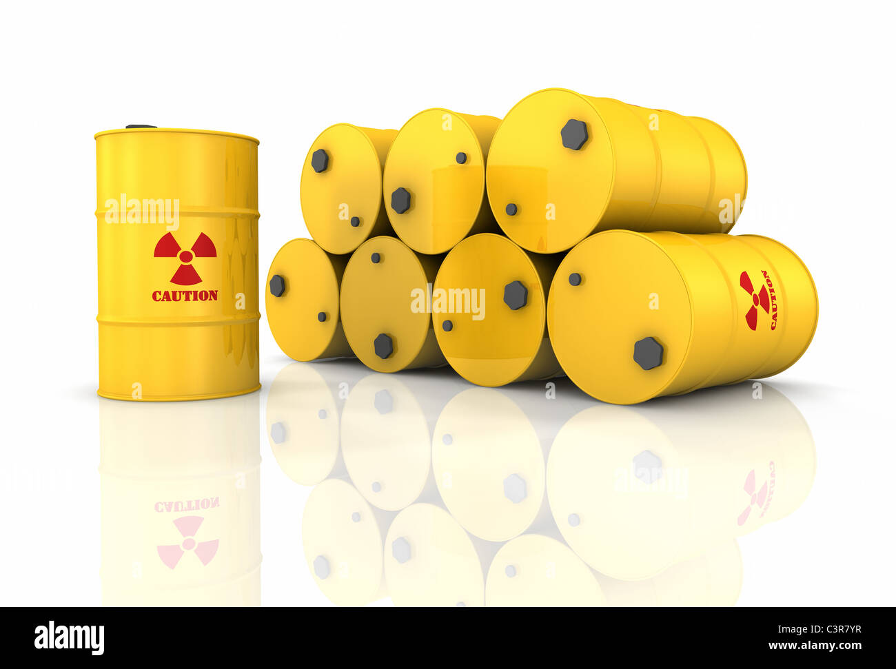 Stack of yellow barrels with red radioactivity symbols, 3d render Stock ...