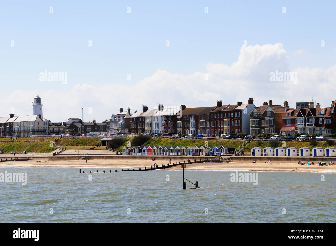 View from The Pier looking towards the Beach and Lighthouse, Southwold, Suffolk, England, UK Stock Photo