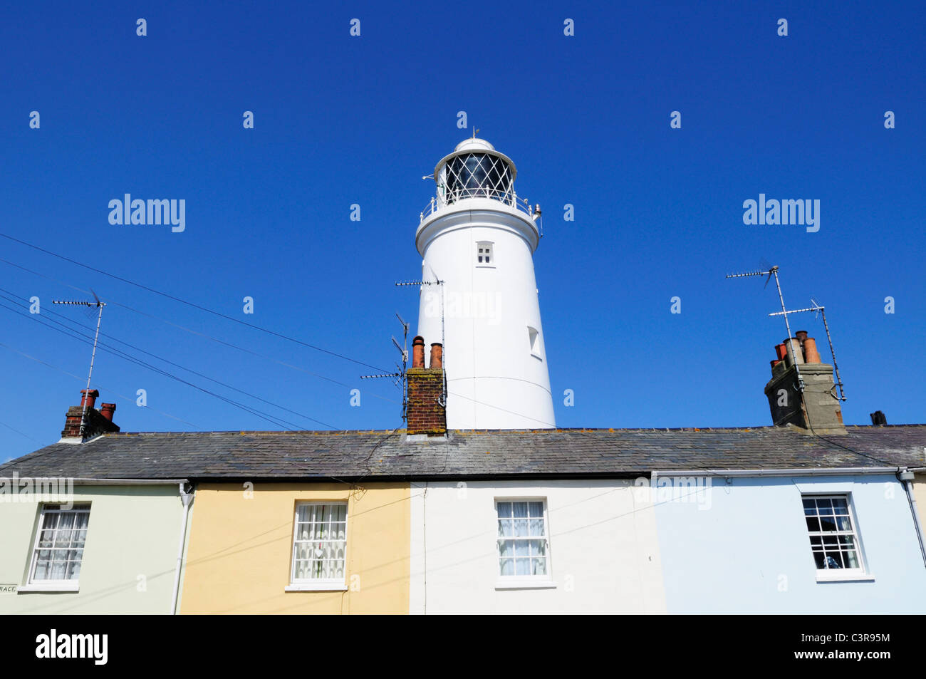 Lighthouse and Cottages at Southwold, Suffolk, England, UK Stock Photo