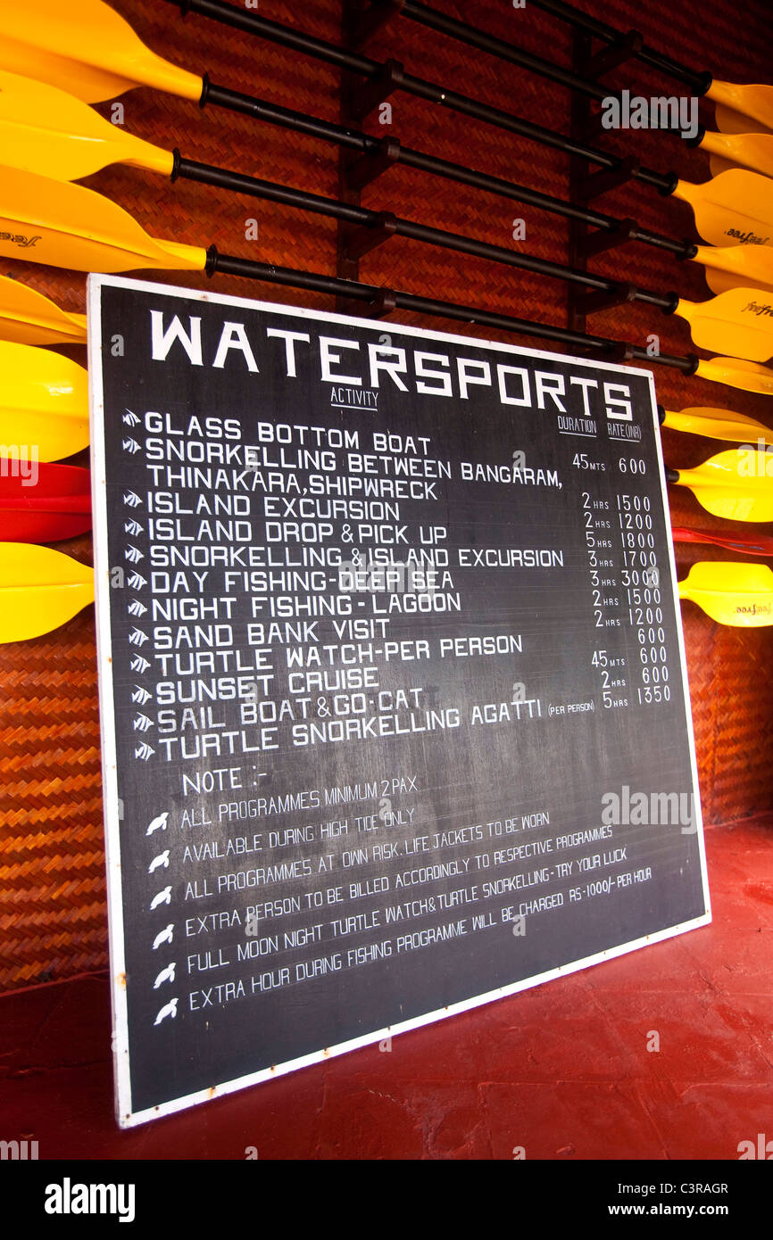 bangaram resort with sign for water sports activities, laccadives, india, asia Stock Photo