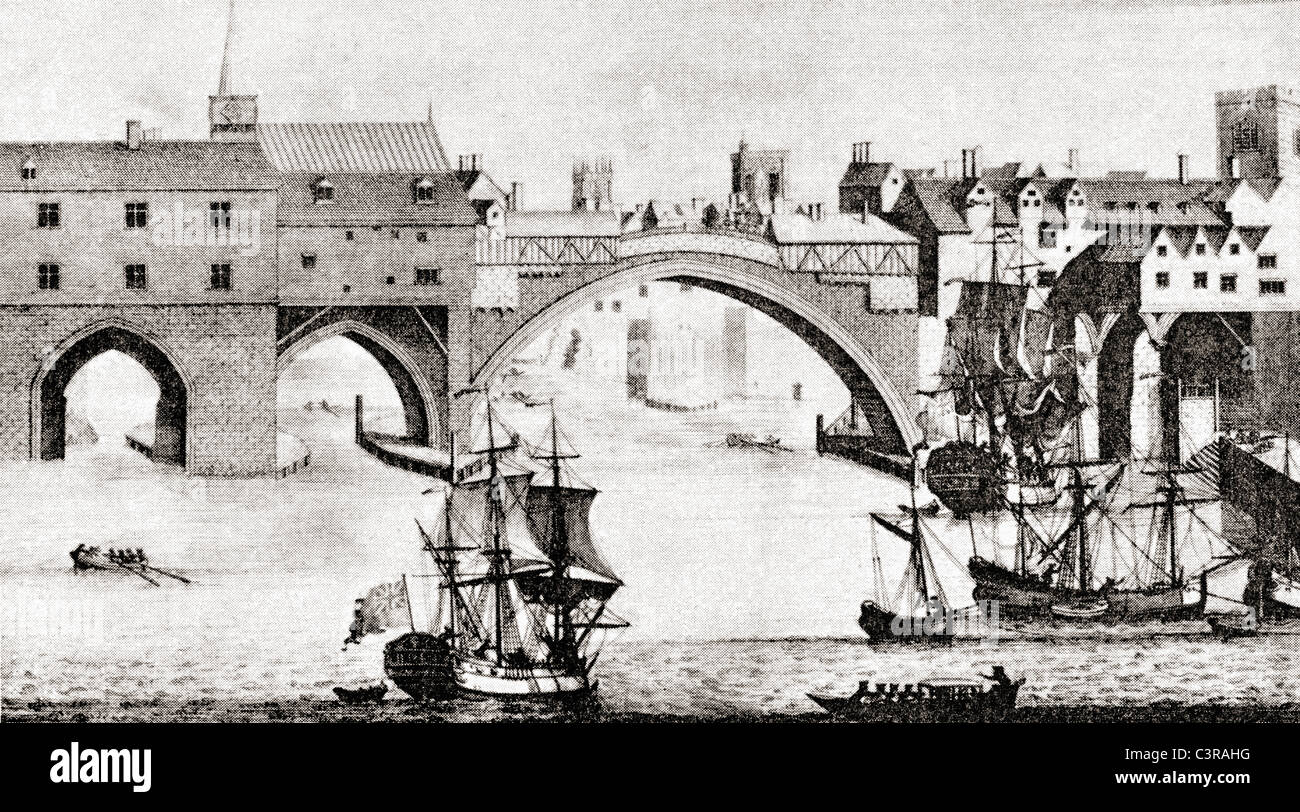 The Old Ouse Bridge, River Ouse, York, England, before being dismantled in the early 19th century. Stock Photo