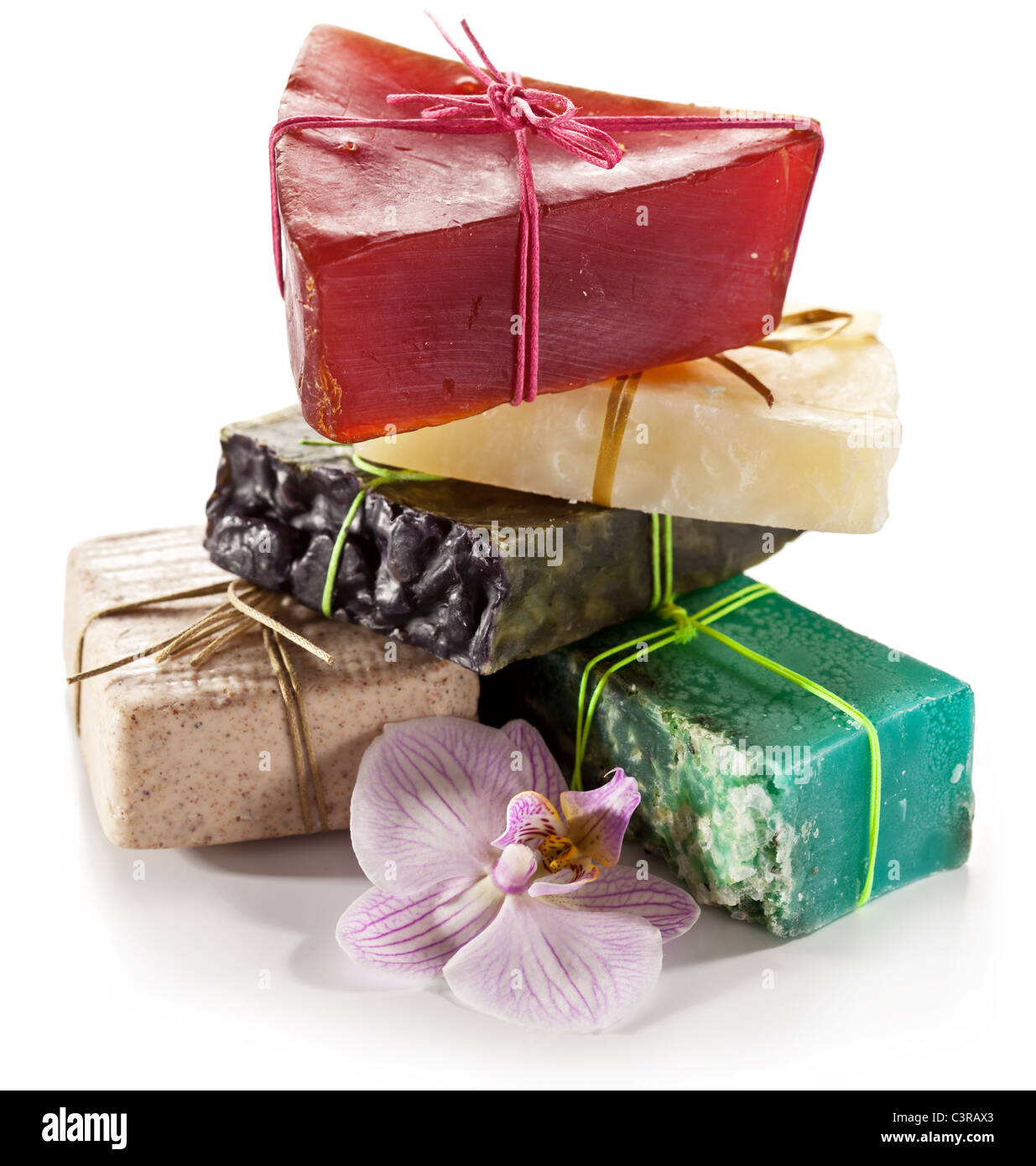 Range of different soaps on a white background. Stock Photo