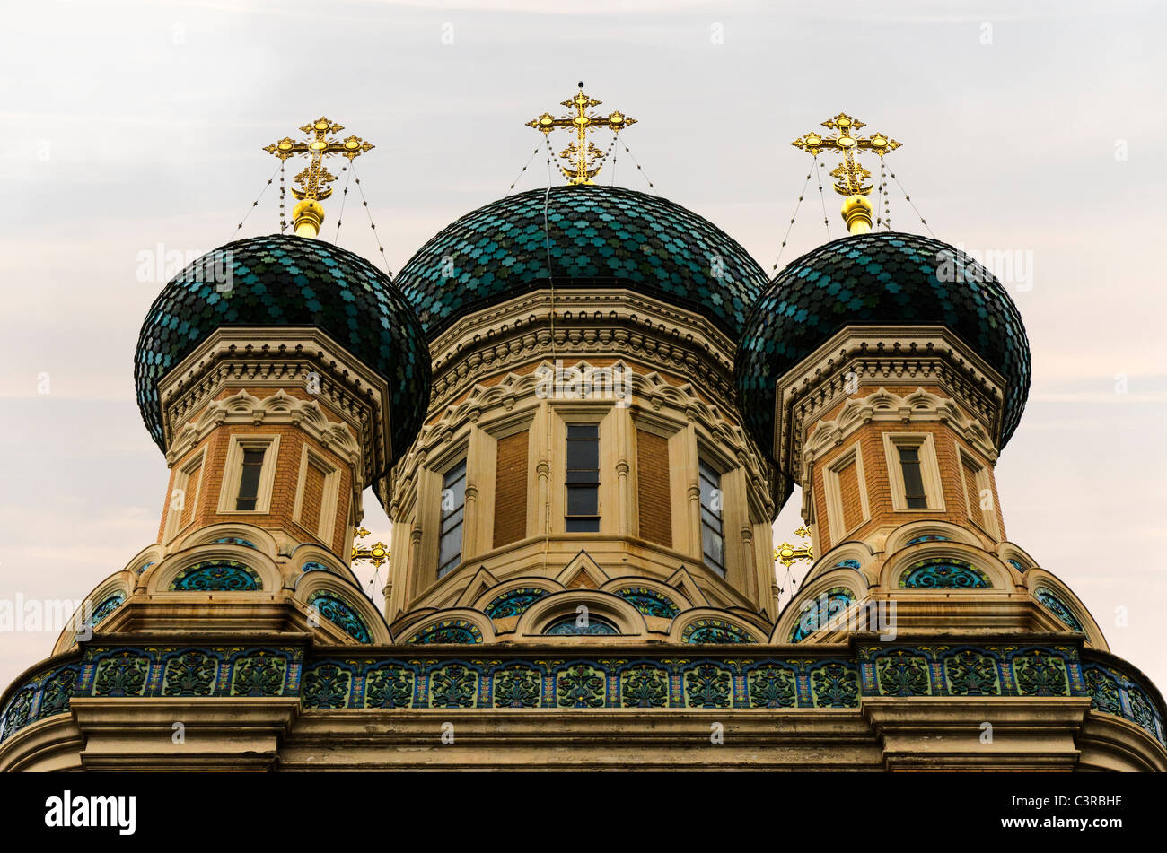 Cupolas on the Saint NicholasRussian Orthodox Cathedral in Nice. Cathédrale Orthodoxe Russe Saint-Nicolas de Nice Stock Photo