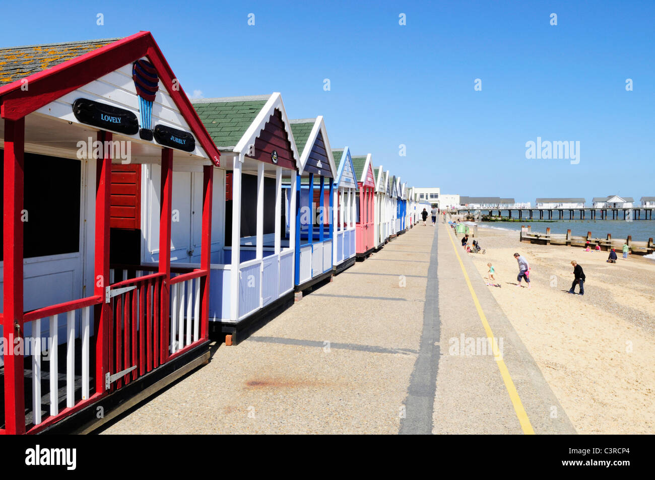 Beach Huts, Promenade and Beach at Southwold, Suffolk, England, UK Stock Photo