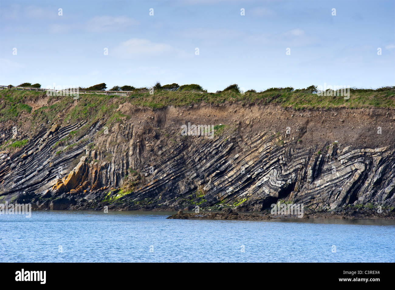 Folding of the stratigraphy of the Brigantian shales of the carboniferous era on the beach at Loughshinny, co.Dublin, Ireland Stock Photo