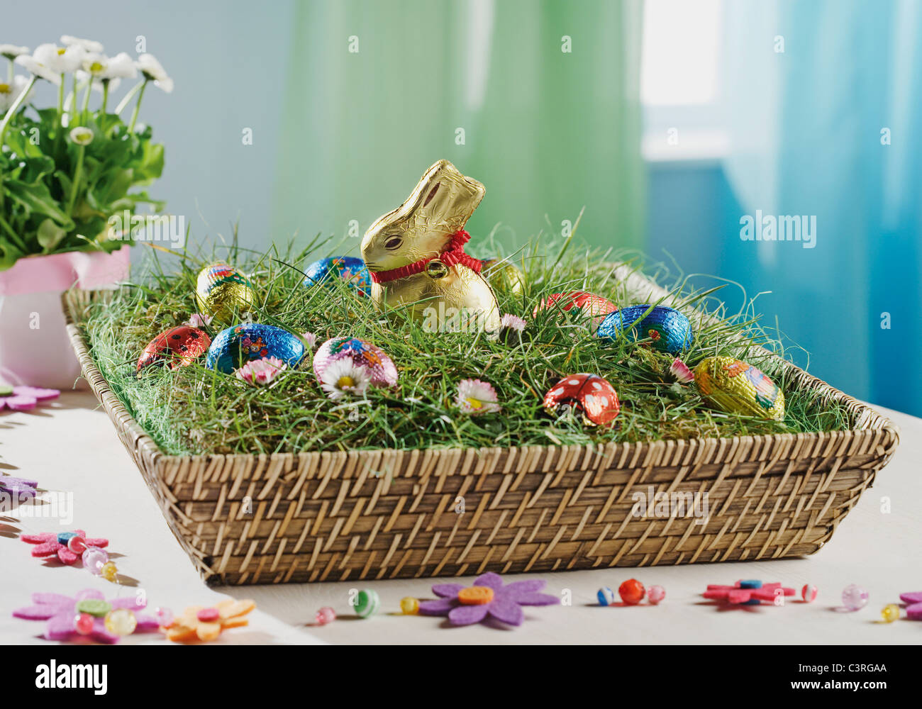 Basket with eater bunny and eggs Stock Photo