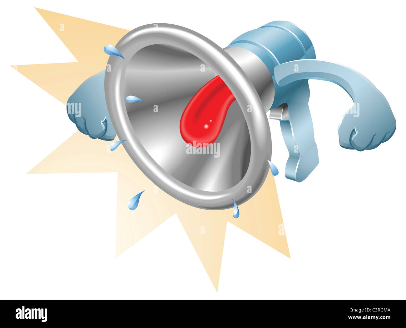 Vector illustration of a glossy steel metallic bullhorn megaphone loudspeaker loudhailer with mouth shouting loudly. Stock Photo