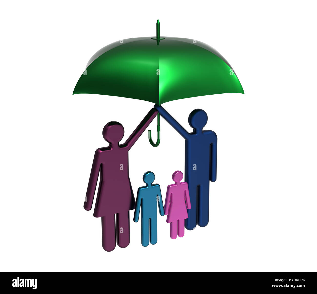 Protection of family under big umbrella isolated on white render Stock