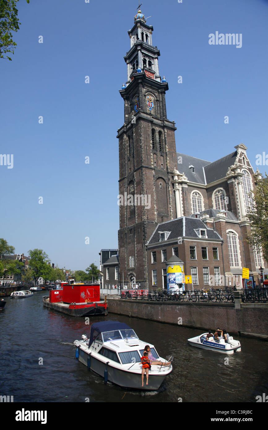 WESTER CHURCH TOWER & CANAL AMSTERDAM HOLLAND 24 April 2011 Stock Photo