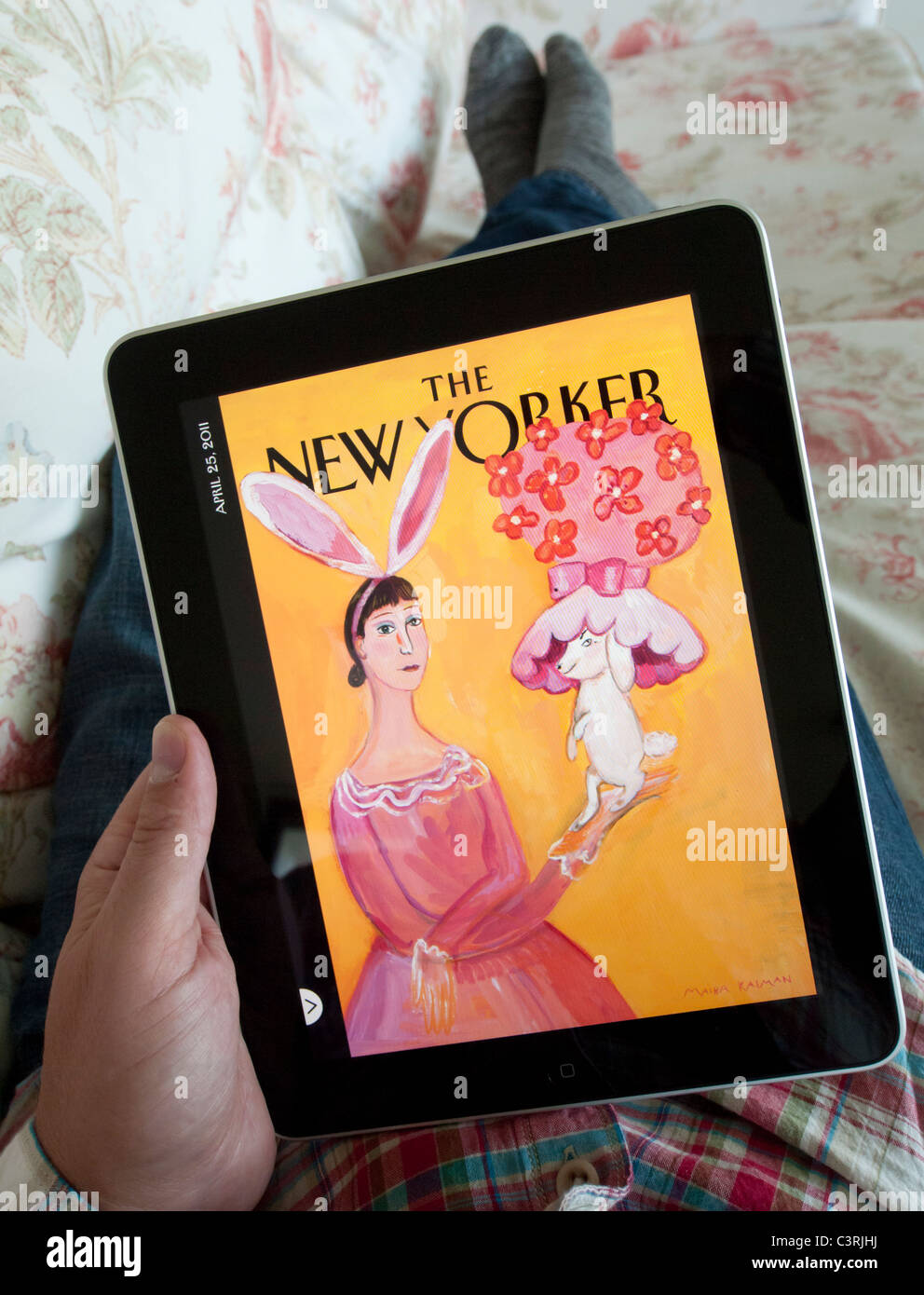 Man reading digital iPad version of New Yorker magazine Stock Photo - Alamy