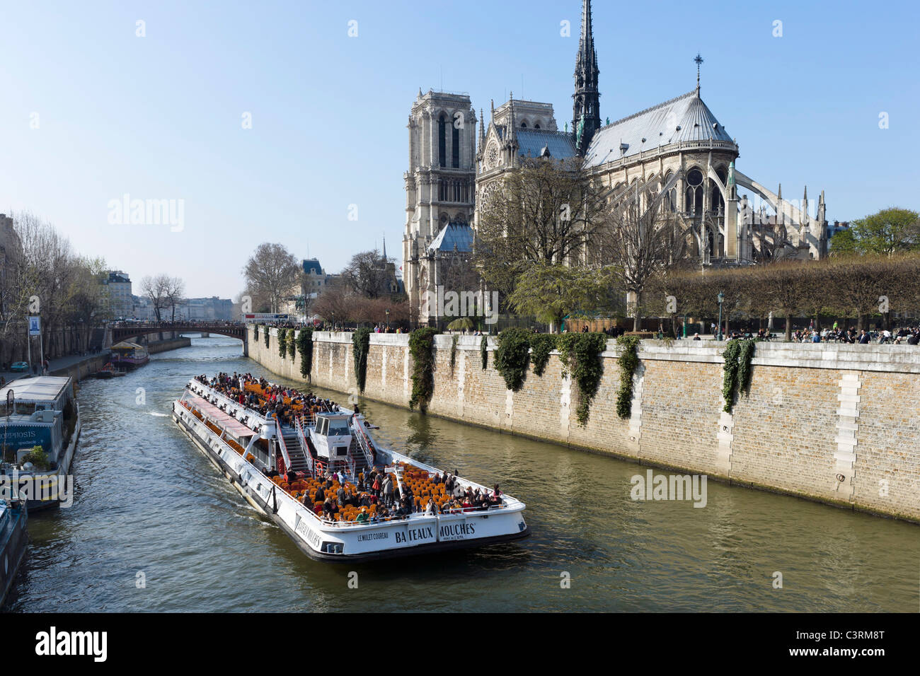 Bateau Mouche cruise boat on the River Seine in front of the Cathedral of Notre Dame de Paris, Ile de la Cite, Paris, France Stock Photo