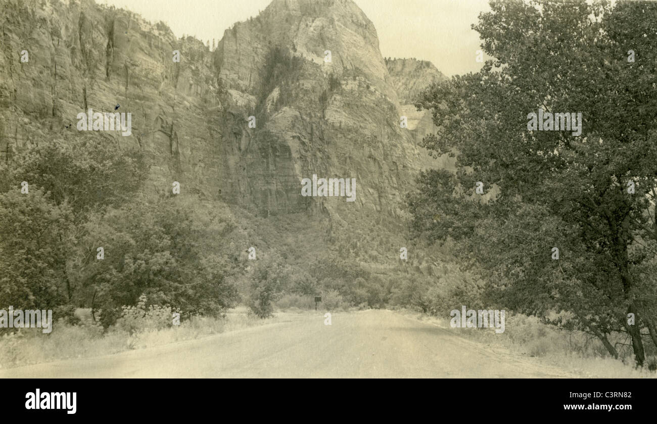 landscape of Zion National Park July 7, 1940 desert utah American Southwest road 1930s car Stock Photo