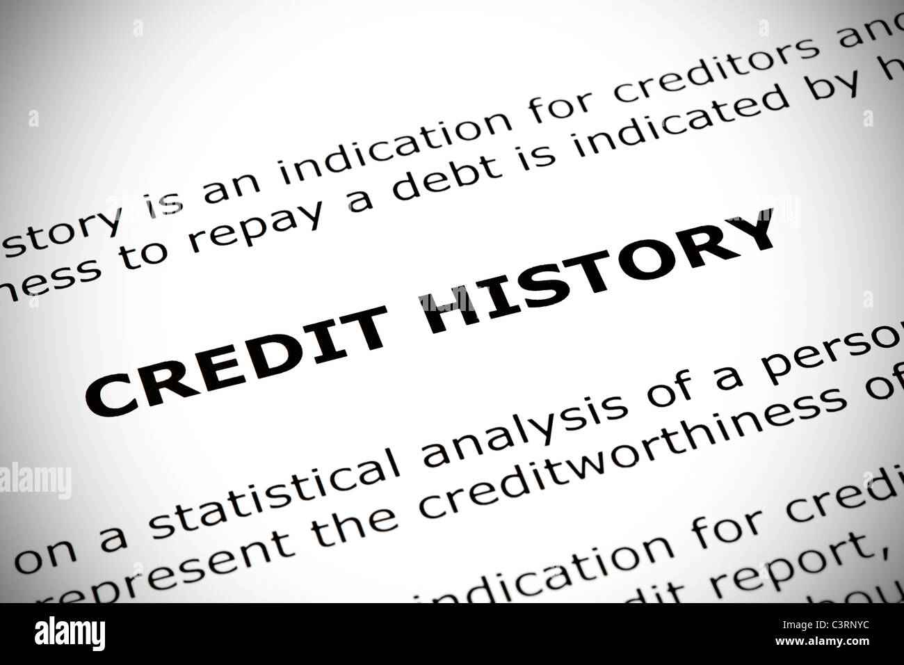 'CREDIT HISTORY' heading printed on a white page with effect