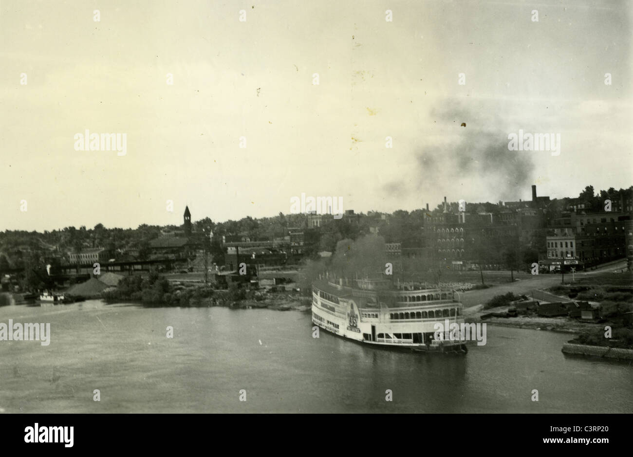 river boat docked in Quincy Illinois during the great depression 1939 1930s Americana travel Stock Photo