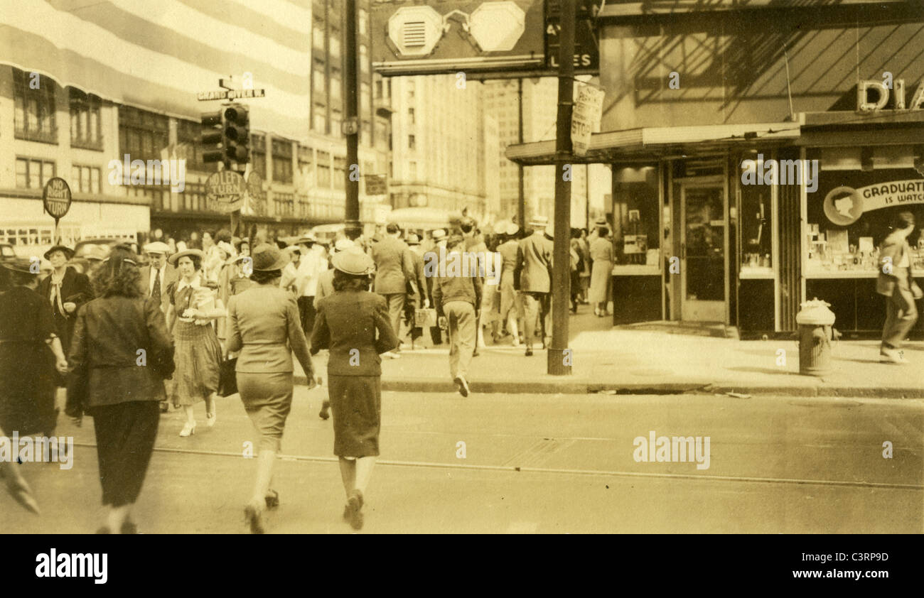 Grand River W detroit michigan 1940 motor city bustling street pedestrians great depression era Stock Photo