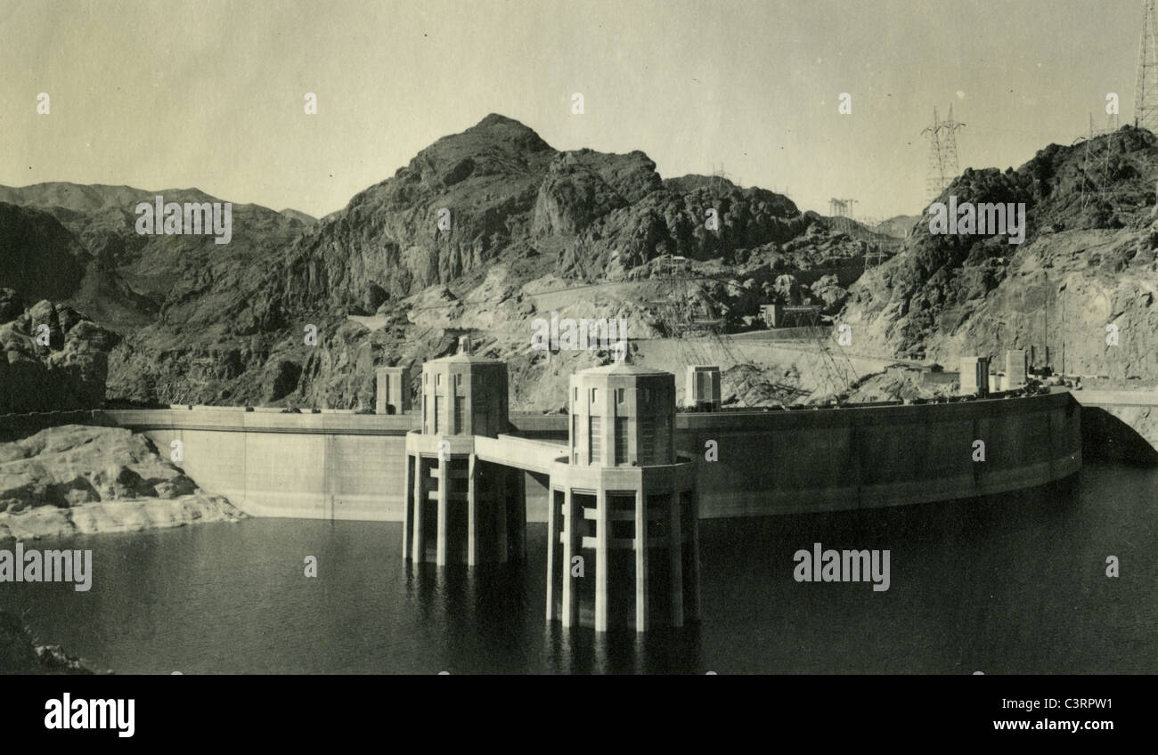 View of Boulder Dam made in 1940. landscape hoover concrete hydro electric power generating man made Stock Photo