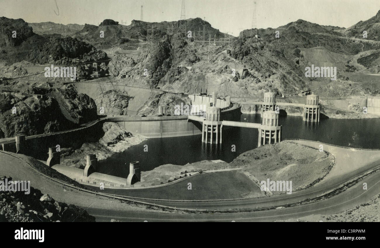 View of Boulder Dam made in 1940. landscape hoover concrete hydro electric power generating man made Stock Photo