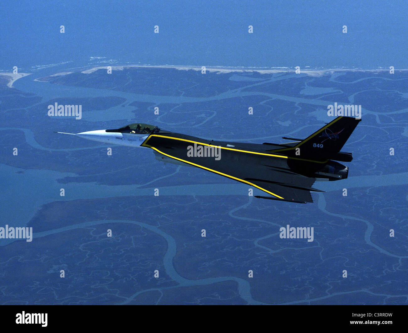 The NASA F-16XL research airplane is shown in flight Stock Photo