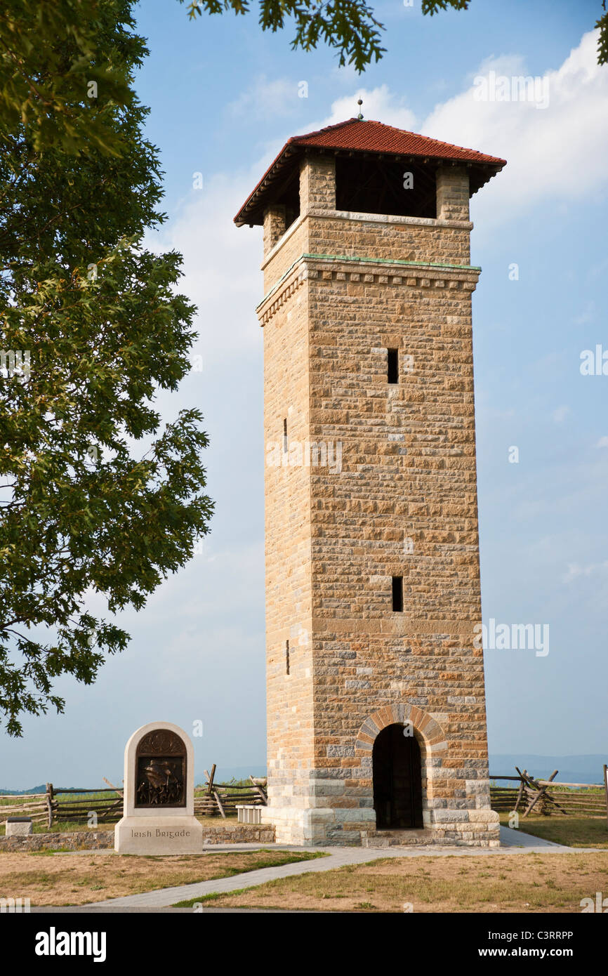 The Observation Tower  and Irish Brigade Monument overlooking Bloody Lane and the Antietam National Battlefield. Stock Photo