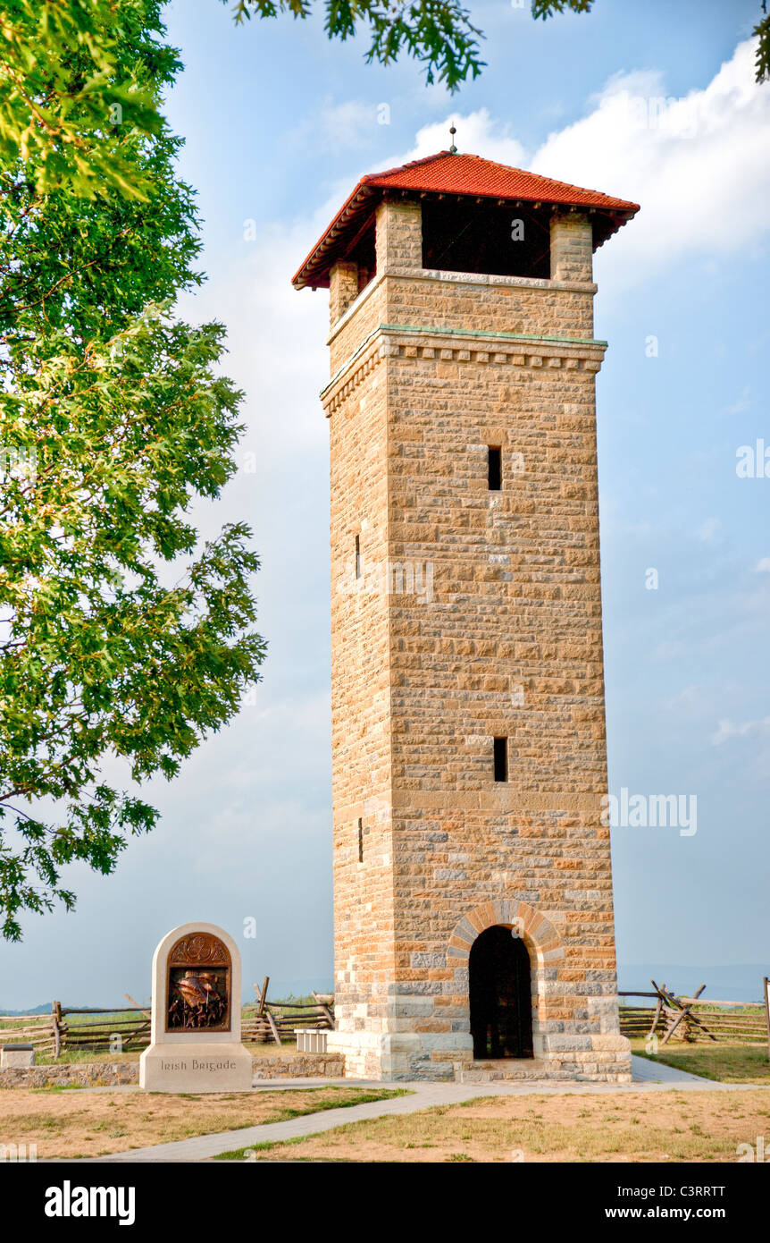 HDR image of the Observation Tower  and Irish Brigade Monument overlooking Bloody Lane and the Antietam National Battlefield. Stock Photo