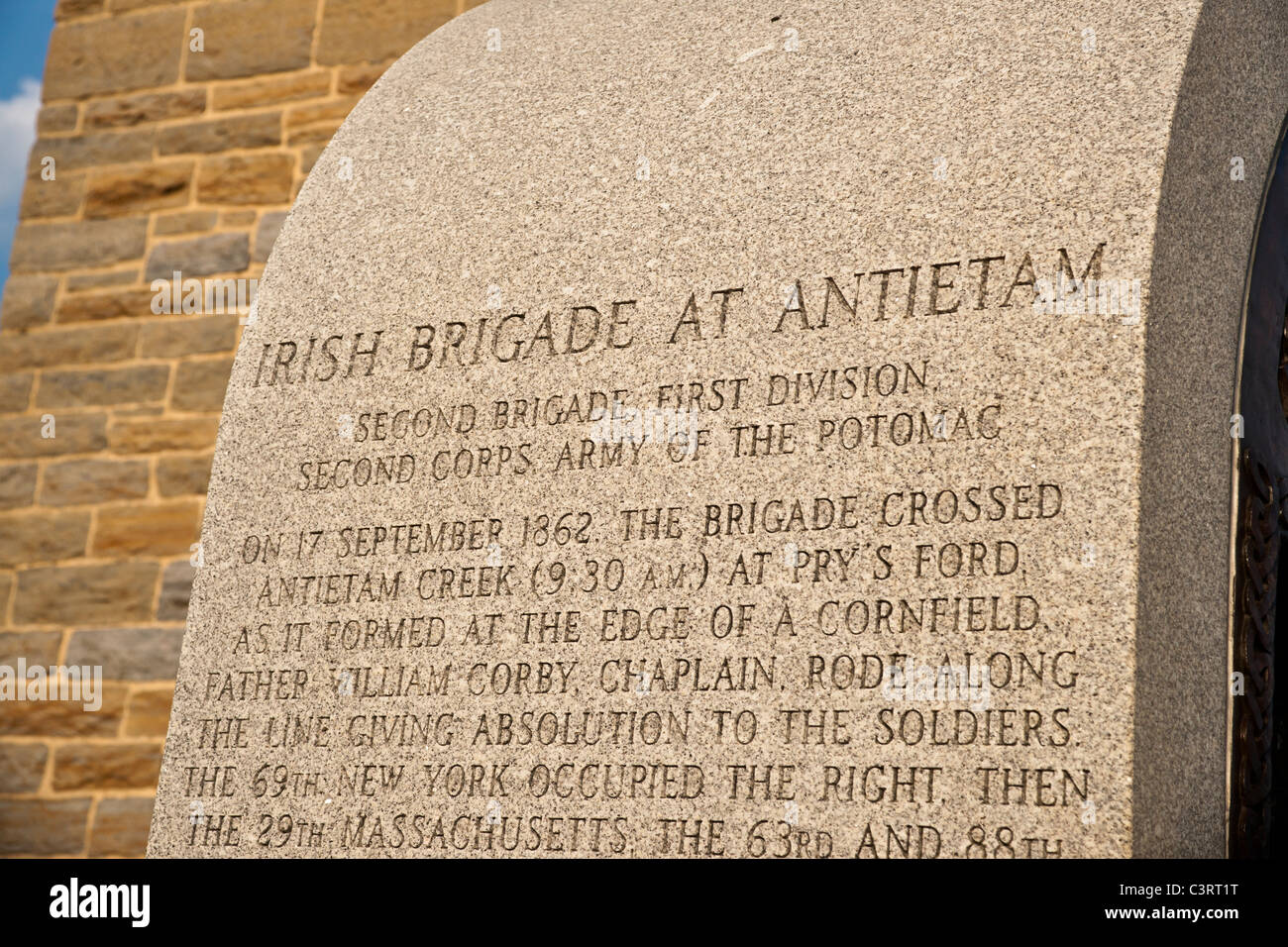 Detail of inscription on the Irish Brigade Monument by Observation Tower overlooking Bloody Lane, Antietam National Battlefield. Stock Photo