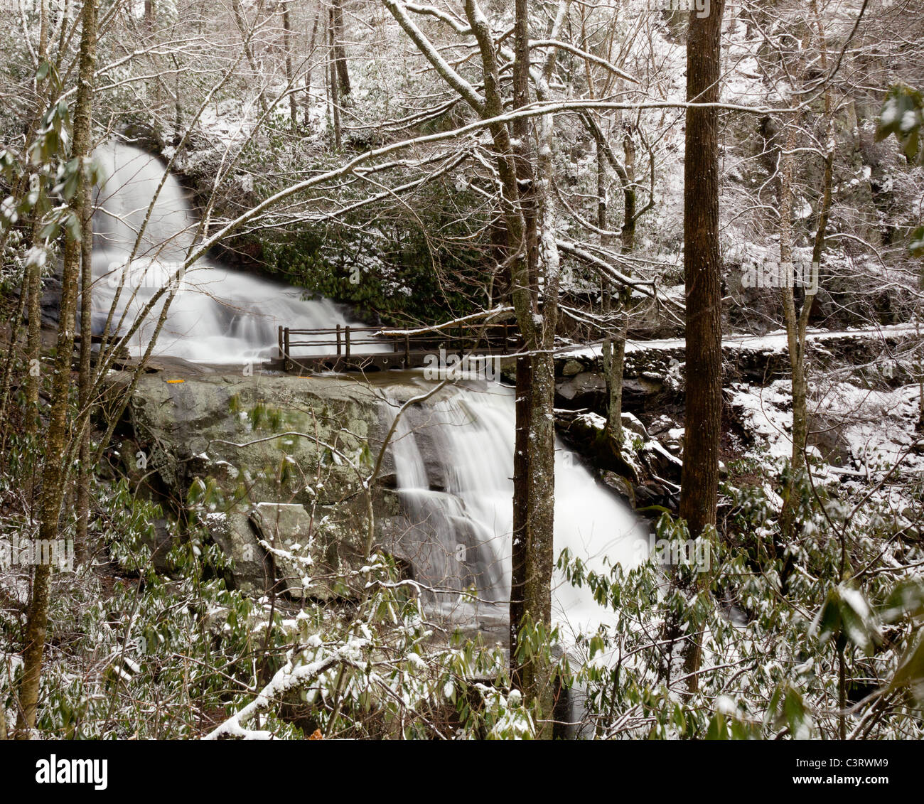 Snow covers the leaves and mountain as Laurel falls cascades over the mountain Stock Photo