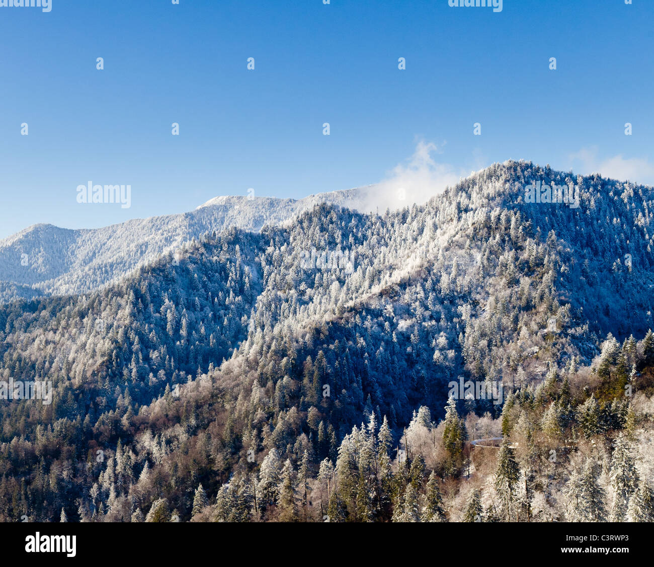 Smoky Mountain view of Mount Leconte, Great Smoky Mountains National Park covered in snow in early spring Stock Photo