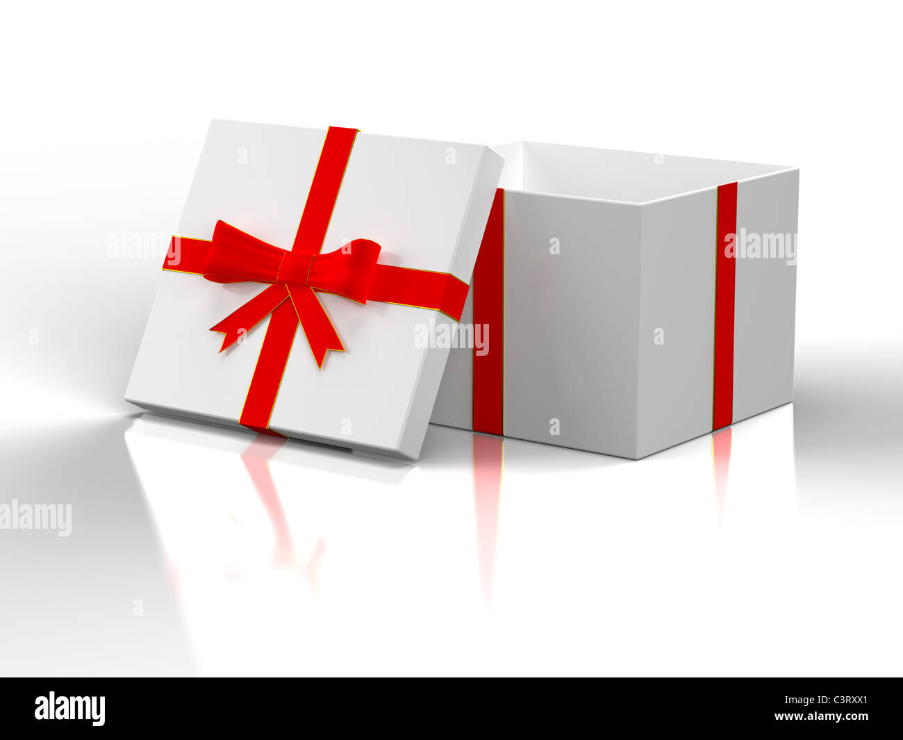 Open white gift box with red ribbon on white background Stock Photo