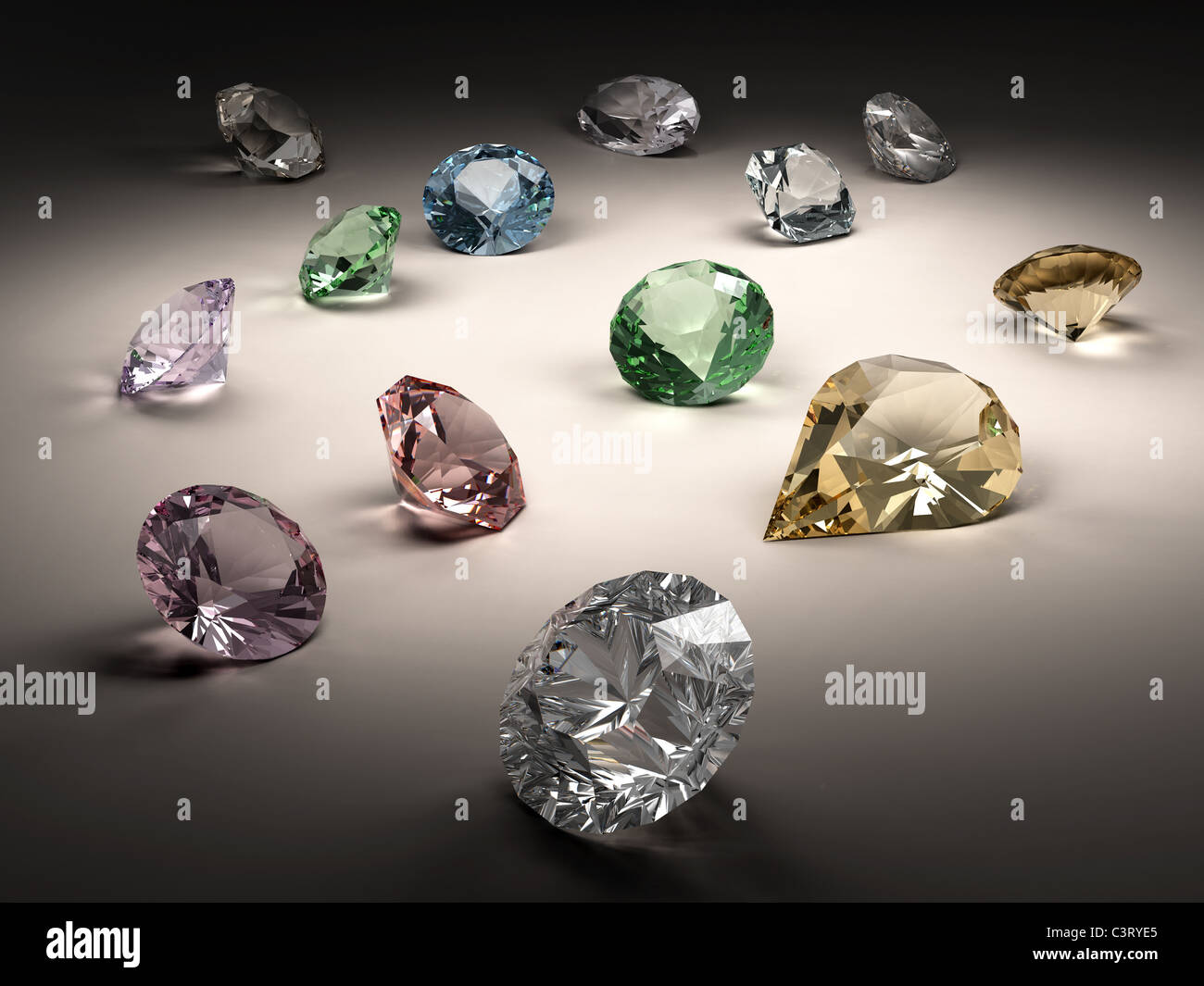 Shiny diamonds in different shapes and colors on dark background Stock