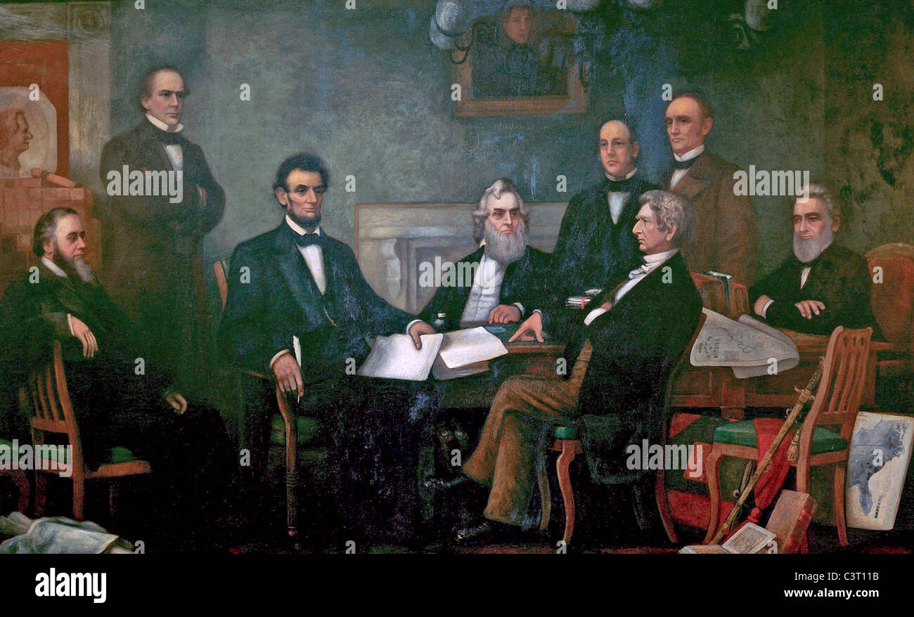 ABRAHAM LINCOLN shows the first draft of his Emancipation Proclamation to his Cabinet, painted by Francis Carpenter in 1864 Stock Photo